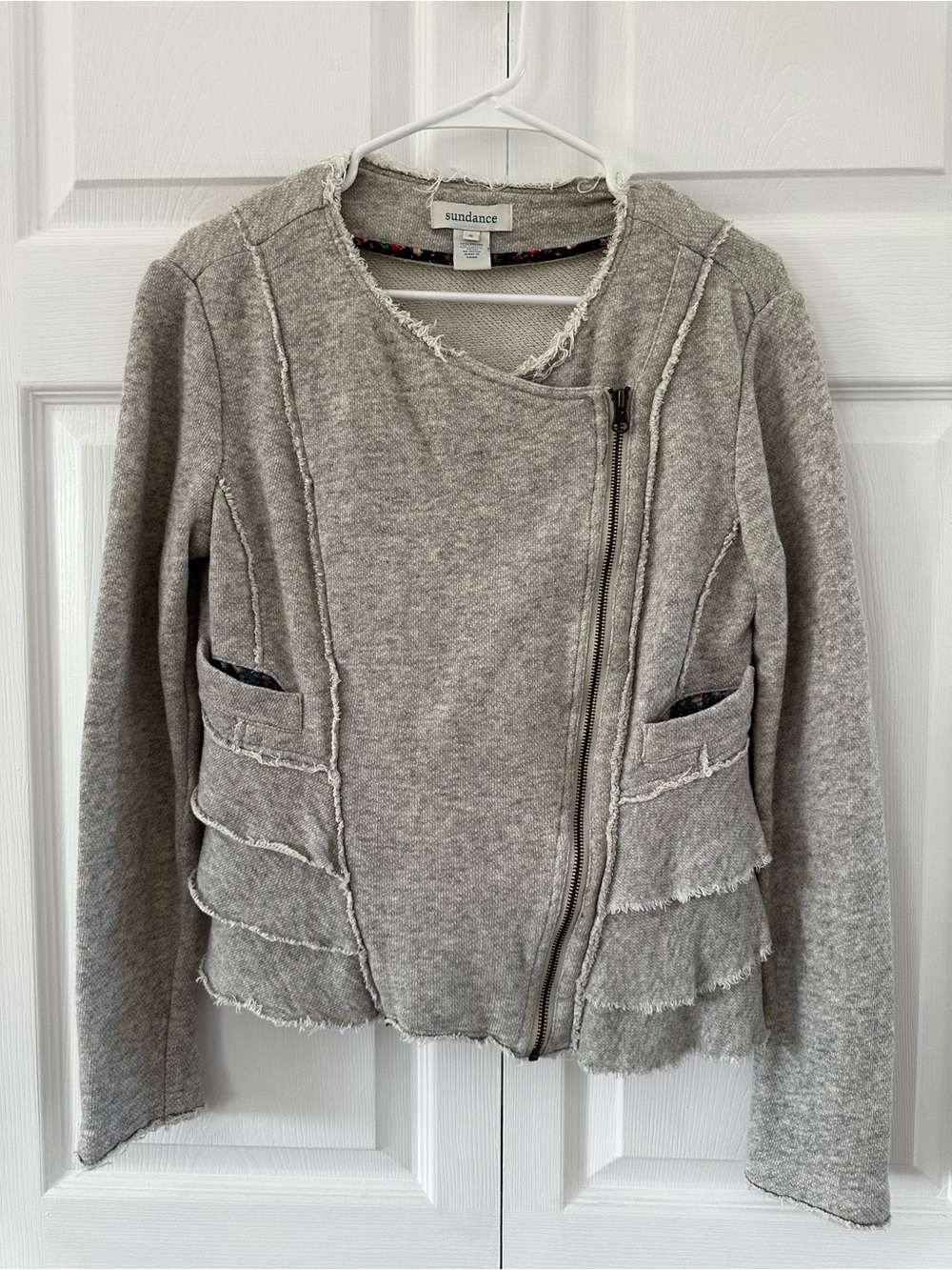Sundance Light Gray Frayed Zip-Front Women's Peplum Cardigan